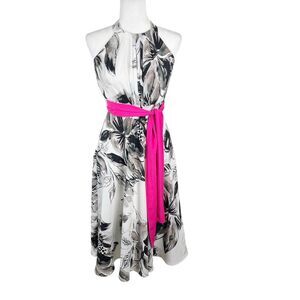 Eliza J Dress Women 4 White Grey Floral Sleeveless Pink Belt Tie Back Formal
